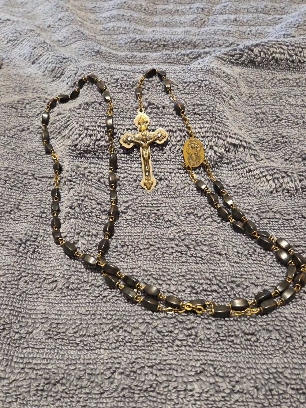 Gold and Black Hematite Rosary Necklace- From Roma Italy